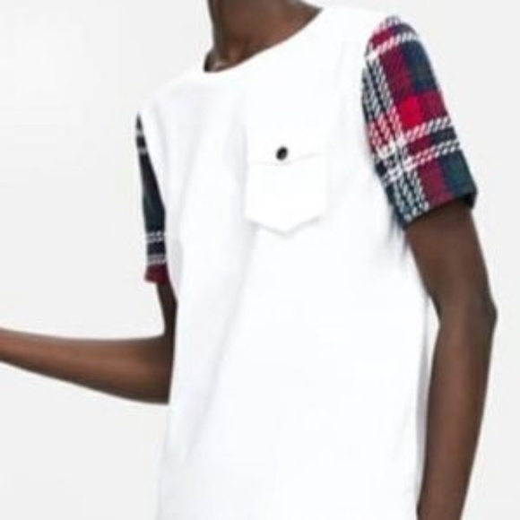 NWT Basic White Pocket T with Plaid Sleeves - Picture 2 of 6